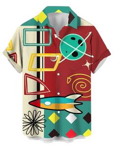 lot 85992 image: QIVICIMA Mens Retro Bowling Shirts 50s Rockabilly Style Button Down Shirts Cuban Style Camp Shirt A22-Retro L