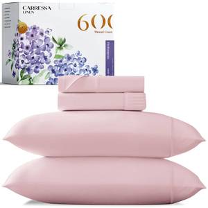 lot 85996 image: Carressa Linen 100% Egyptian Cotton Sheets - 600 Thread Count 4 PC California King Size Sheet Set, Soft, Cooling, High Thread Count, Extra Long Staple Luxury Bedding, Cal King Sheets - Soft Blush Pink - Retail $80.18