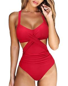 lot 86003 image: RXRXCOCO Women Front Cross One Piece Swimsuit Tummy Control Cross Back Monokini Bathing Suit for Women Red Medium