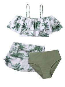 lot 86009 image: Verdusa Girls 3 Piece Printed Ruffled High Waist Bikini Swimsuit with Cover Up Skirt White Green 11-12Y