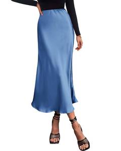 lot 86018 image: BTFBM Womens High Elastic Waist Midi Skirt A-line Solid Elegant Work Business Silk Satin Cocktail Flare Long Skirts(Solid Blue, Small)