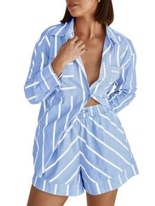 lot 86022 image: Tankaneo Womens Striped 2 Piece Outfits Button Down Shirts and Shorts Lounge Matching Sets, Small, Blue