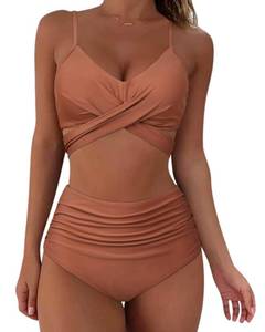 lot 86027 image: SUUKSESS Women High Waisted Bikini Criss Cross Swimsuits Push Up Bathing Suits (M, Brown)