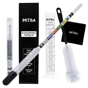 lot 86035 image: Hydrometer & Testing Jar Kit by MiTBA Test the ABV, Brix & Gravity of your Wine, Beer, Mead & Kombucha accurately Triple Scale Hydrometer  250ml Plastic Graduated Cylinder  cleaning brush & cloth
