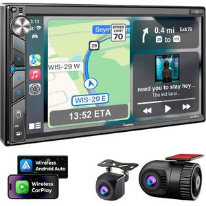 lot 86037 image: Double Din Car Stereo with Dash Cam - Voice Control Carplay, Android Auto, Steering Wheel Controls, 7 HD Touchscreen, Backup Camera, Bluetooth, Mirror Link, Subw, USBTFAUX, AMFM Radio Receiver - Retail $187.03