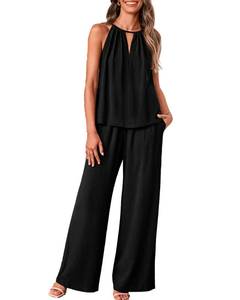 lot 86047 image: BTFBM Womens Casual Summer Two Piece Outfits Cotton Linen Sets Cutout Halter Sleeveless Top Wide Leg Pants Matching Set(Solid Black, X-Large)