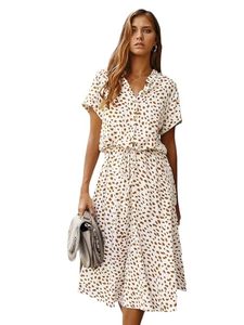 lot 86048 image: Milumia Womens Button Front Drawstring High Waist Short Sleeve A Line Midi Dress Gold and White X-Large