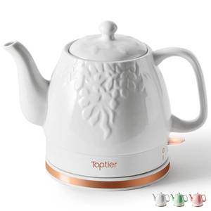 lot 86068 image: Toptier Electric Ceramic Tea Kettle, Boil Water Quickly and Easily, Detachable Swivel Base & Boil Dry Protection, Carefree Auto Shut Off, 1 L, White Leaf