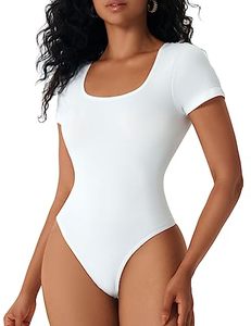 lot 86072 image: MOVWIN Women�s Bodysuit Tummy Control Seamless Short Sleeve Body Suit Shapewear Thong Square Neck Body Sculpting Shaper Large