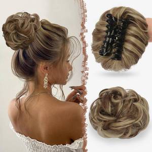 lot 86077 image: FESHFEN Claw Clip Messy Bun Hair Piece Hair Buns Brown Mix Blonde Curly Wavy Hairpieces Updos Synthetic Chignon Hair Bun Scrunchies Hair Bun Hair Pieces for Women 1PCS