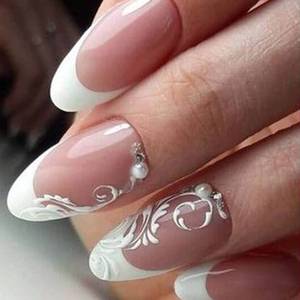 lot 86093 image: YOSOMK French Tip Press on Nails Medium Almond Fake Nails with Flower Design Nude Stick on Artificial Nails Glossy Glue on False Nails for Women