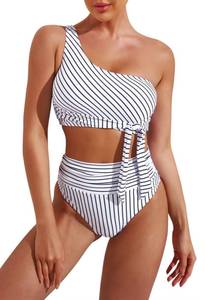 lot 86101 image: Pink Queen Womens One Shoulder High Waisted Bikini Set Tie High Leg Two Piece Swimsuit Striped White L