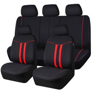lot 86109 image: CAR-GRAND Universal Stylish Piping Cloth Car Seat Covers Full Set, Breathable and Washable Automotive Seat Covers with Air Compatible,3 Zipper Bench Design,Fit 90% SUV,Truck,Sedan (Black-Red Strips)