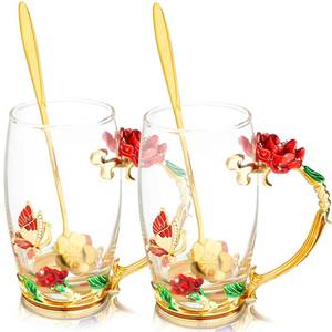 lot 86117 image: Tioncy 2 Sets Gifts for Mom Birthday Gifts for Mom Women Enamel Flower Glass Tea Cup with Spoon Enamel Glass Coffee Mugs for Wife Sister Grandma, Mothers Day Graduation Retire Gifts(Red)