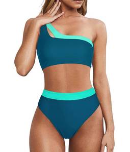 lot 86124 image: MOOSLOVER Women Cutout One Shoulder High Waisted Bikini High Cut Two Piece Swimsuits(XL,Navy Blue)