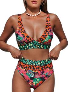 lot 86125 image: Hilinker Womens Leopard Bikini Swimsuits V Neck High Waisted 2 Piece Bathing Suits Coral Medium