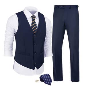 lot 86127 image: JPF Mens Formal Suit Vest Pants Set Navy Blue Suits for Men Slim Fit 2 Piece Suit with Tie Prom Tuxedos Groomsmen Suits for Wedding S