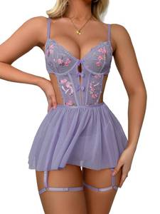 lot 86129 image: WDIRARA Womens Floral Embroidery Mesh Split Cut Out Babydoll Lingerie Slip Dress Floral Purple Large