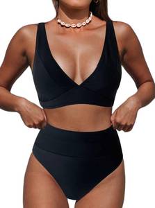 lot 86146 image: Hilinker Womens V Neck Scalloped Trim Bikini Set High Waisted 2 Piece Swimsuit H-Black Small