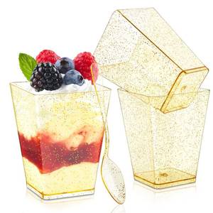 lot 86153 image: Qeirudu 5 oz Gold Glitter Mini Dessert Cups with Spoons - 50 Pack Plastic Parfait Cups Square Dessert Shooter Cups for Party Serving Pudding Cheesecake Mousse Jello