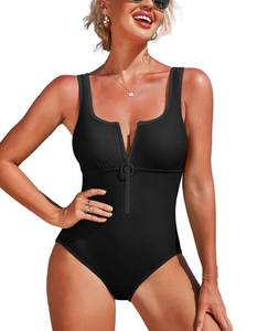 lot 86167 image: Charmo Womens One Piece Swimsuit with Wide Straps Tummy Control Bathing Suits Zipper Front Swimwear Black Small