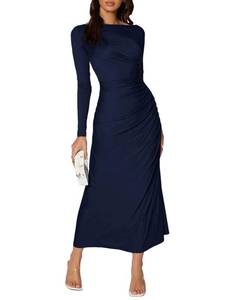lot 86168 image: Floerns Womens Solid Boat Neck Long Sleeve Ruched Side Party A Line Long Dress Navy Blue S