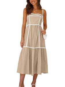 lot 86172 image: Esobo Womens Summer Adjustable Spaghetti Strap Dresses Sleeveless Smocked Rickrack Trim Boho Flowy Casual A-Line Midi Dress Khaki Medium