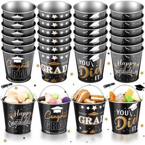 lot 86179 image: Nuenen 24 Pcs Graduation Gift Pails Bulk Congrats Grad Party Favor Candy Treat Goodie Pails Kindergarten Congratulations Grad Black Mini Metal Bucket for Kids Adults Guests 2024 Graduation Supplies