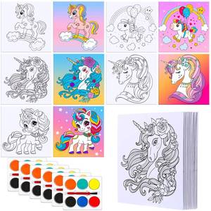lot 86181 image: Ireer 24 Pack Painting Canvas Kit for Party Painting Kit 12 Pcs Pre Drawn Coloring Canvas with 12 Pcs 12 Colors Solid Paint and 12 Pcs Paintbrush, 7.9 x 7.9 Inch(Unicorn)
