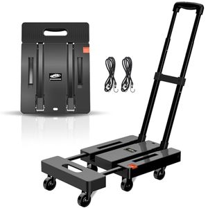 lot 86191 image: SPACEKEEPER Folding Hand Truck, 500 LB Heavy Duty Luggage Cart, Utility Dolly Platform Cart with 6 Wheels & 2 Elastic Ropes for Luggage, Travel, Moving, Shopping, Office Use, Black