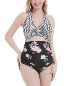 lot 86202 image: Bhome Maternity One Piece Swimsuit Cross Halter Neck Cutout Pregnancy Swimwear Maternity Bathing Suit Black Floral Prints with Stripes L