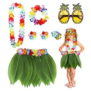 lot 86219 image: PHOGARY 7 Pack Hawaiian Flower Leaf Hula Skirt Costume Accessory Kit for Hawaii Luau Party - Dancing Hula with Hawaiian Lei, Hibiscus Hair Clip, Pineapple Sunglasses for Boys Girls