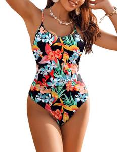 lot 86224 image: AIMAGE Womens One Piece Swimsuits Tummy Control Bathing Suits Cutout High Cut Ruched Adjustable Strap Swimwear with O Ring, Black Multi Floral, S