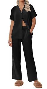 lot 86227 image: Ekouaer Women Pajamas Set Short Sleeve Button Down Sleepwear Soft Pjs Loungewear Pants Black X-Large