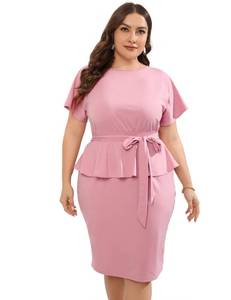 lot 86228 image: KOJOOIN Women Plus Size Bodycon Elegant Midi Dress Peplum Business Work Office Sheath Pencil Cocktail Party Dress with Belt Pink 4XL