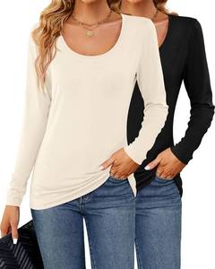 lot 86229 image: Riyiper 2 Pcs Womens T Shirt Tops with Scoop Neck Basic Casual Tee Women Basic Layer Shirts (Cream White, Black, Long Sleeve,Medium)
