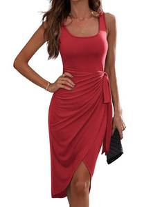 lot 86231 image: HOTOUCH Ruched Bodycon Dress for Women Wrap Dress Square Neck Midi Tank Dress Tie Waist Dresses with Belt Tank Champagne Dresses Wine Red X-Large