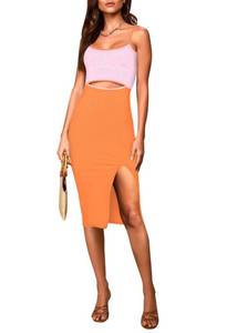 lot 86233 image: Pink Queen Womens Sexy Cut Out Bodycon Dress Spaghetti Strap Party Cocktail Club Ribbed Midi Dresses Orange XS