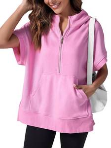 lot 86235 image: Fisoew Womens Oversized Half Zip Hoodies Short Sleeve Casual Sweatshirts Pullover Tops with Pockets Pink Large