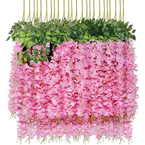 lot 86244 image: UArtlines 24 Pack (Total 86.4 Feet) Artificial Fake Wisteria Vine Rattan Hanging Garland Silk Flowers String Home Party Wedding Decor (24, Pink)