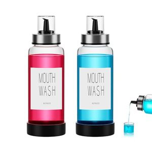lot 86247 image: VITVITI 10OZ Mouthwash Dispenser for Bathroom, Glass Mouth Wash Container with Cup Lid, Clear Refillable Mouthwash Bottle Decanter with Silicone PadLabels, Set of 2