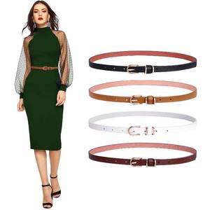 lot 86254 image: SANSTHS 4 Pack Women Thin Belts for Jeans Dresses Coats Skinny Women Belt with Gold Alloy Buckle, BlackWhiteCoffeeBrown L