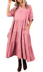 lot 86257 image: R.Vivimos Womens Summer Cotton Half Sleeves Button Down Casual Loose Slit Midi Dress with Pockets (Small, Pink) Size 46