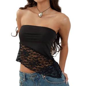 lot 86260 image: Women Y2k Lace Strapless Tube Top See Through Mesh Crop Top Aesthetic Backless Bandeau Top Going Out Streetwear (B3-Irregular Black, S)