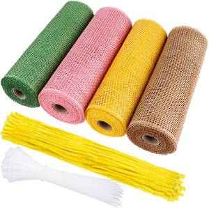 lot 86265 image: 4 Rolls Poly Burlap Mesh 10 Inches 6 Yards Poly Decorative Mesh Ribbon Wrapping Ribbon Rolls for Home Door Wreath Decoration DIY Crafts Making Flower Wreath Garland (Yellow,Green,Pink,Brown) - Retail $3030.34