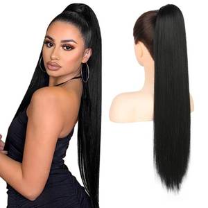 lot 86273 image: FLUFYMOOZ ponytail extension, 26 Inch Long Straight Drawstring Ponytail Synthetic Hairpieces Fake Pony Tails Natural Soft Clip in Hair Extension ponytail for Women (Natural Black)