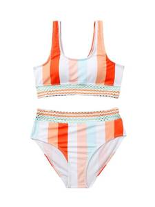 lot 86290 image: Milumia Girl 2 Piece Striped Bikini Swimsuit Contrast Mesh Scoop Neck Bathing Suit Orange 11-12 Years Size 160