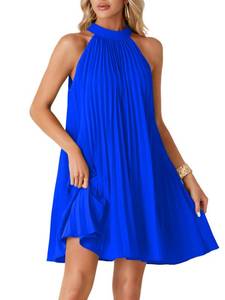 lot 86292 image: LYANER Womens Halter Pleated Tie Knot Back Sleeveless Flowy Beach Mini Dress Royal Blue# Small