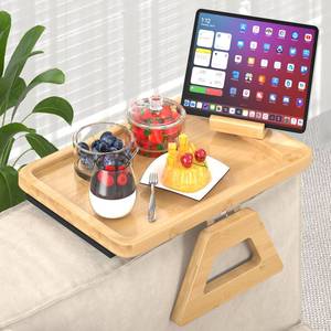 lot 86297 image: Bamboo Couch Arm Table, Couch Sofa Arm Tray with 360°Rotating Holder, 13.8 x 9.5inch Foldable Traybler, Clip on Arm Chair Table Tray, Armrest Table for TV Dinners, Remotes, Drinks and Snacks