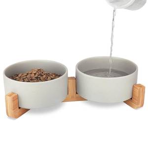lot 86305 image: KPWACD Ceramic Dog Bowl for Food and Water, Weighted Dog Bowls Set with Anti-Slip Wooden Stand, 400ml14OZ Dog Dish Bowl Suitable for Small, medium and Large Sized Pets, Grey